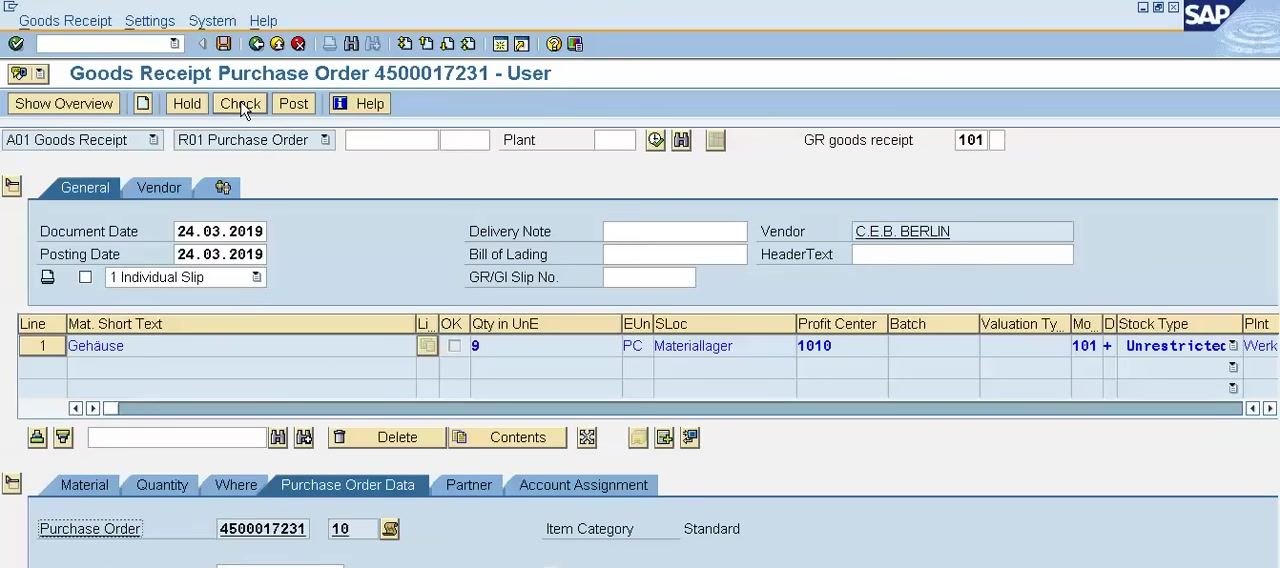 SAP screen showing the Purchase Order Data tab with PO number 4500017231, Del. Completed Ind. set to 2 Set, and quantity fields filled in.