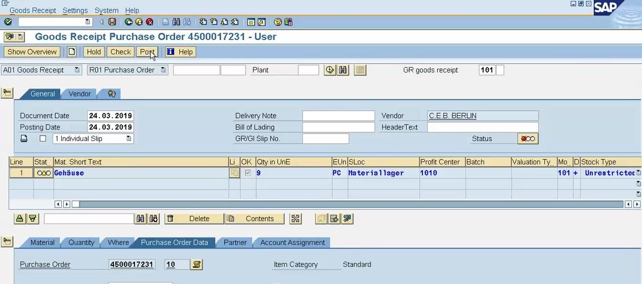 SAP screen with the cursor on the Post button, ready to finalize the goods receipt.