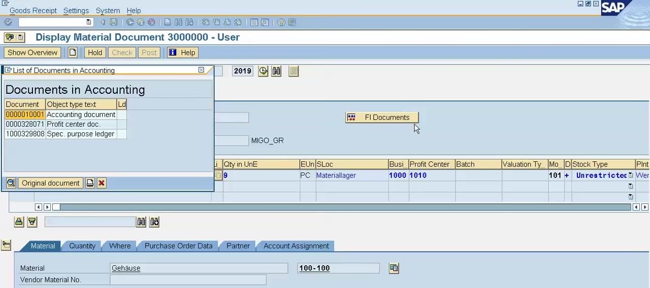 SAP Display Material Document screen with the Documents in Accounting pop-up showing the accounting document, profit center document, and special purpose ledger.