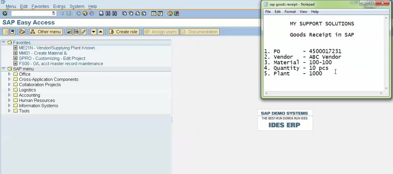 SAP Easy Access screen with a Notepad showing the purchase order details for reference.