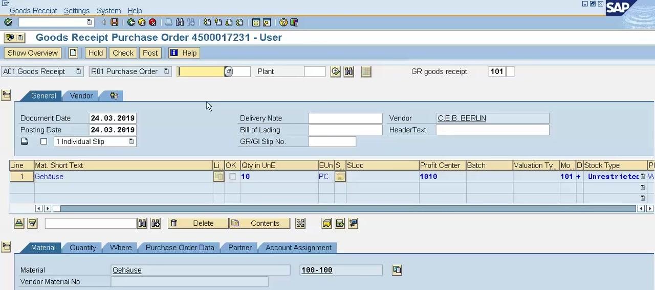 MIGO screen showing purchase order details: Material 100-100, Quantity 10, Vendor C.E.B. BERLIN, Profit Center 1010, Stock Type Unrestricted, Movement Type 101, and Document/Posting Date 24.03.2019.