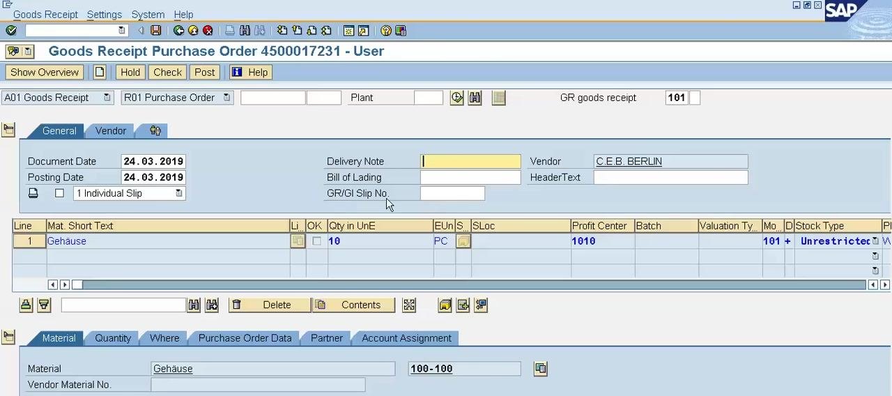 SAP MIGO screen showing the Delivery Note, Bill of Lading, and GR/GI Slip No. fields, along with vendor details.