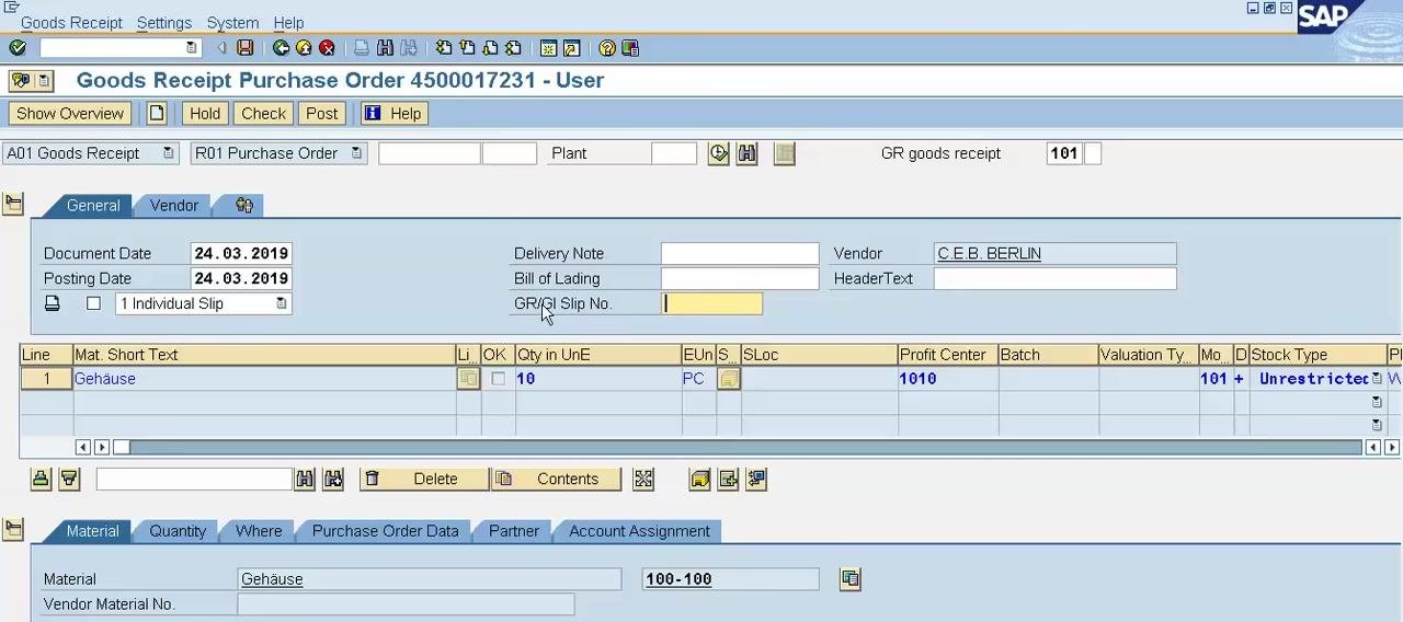 SAP MIGO screen with the Quantity tab open, showing the Qty in Unit of Entry and Qty in SKU fields.