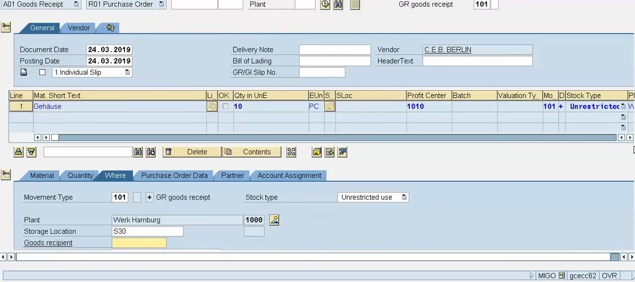 SAP screen showing the Goods recipient field highlighted in the Where tab, along with the Plant, Storage Location, and Stock type fields.