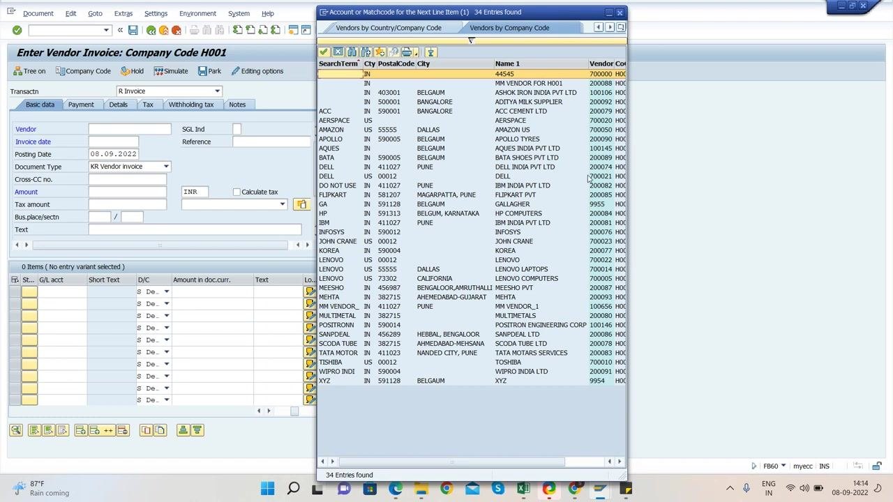 SAP vendor selection window listing vendors, with ASHOK IRON INDIA PVT LTD and vendor code 100106 highlighted