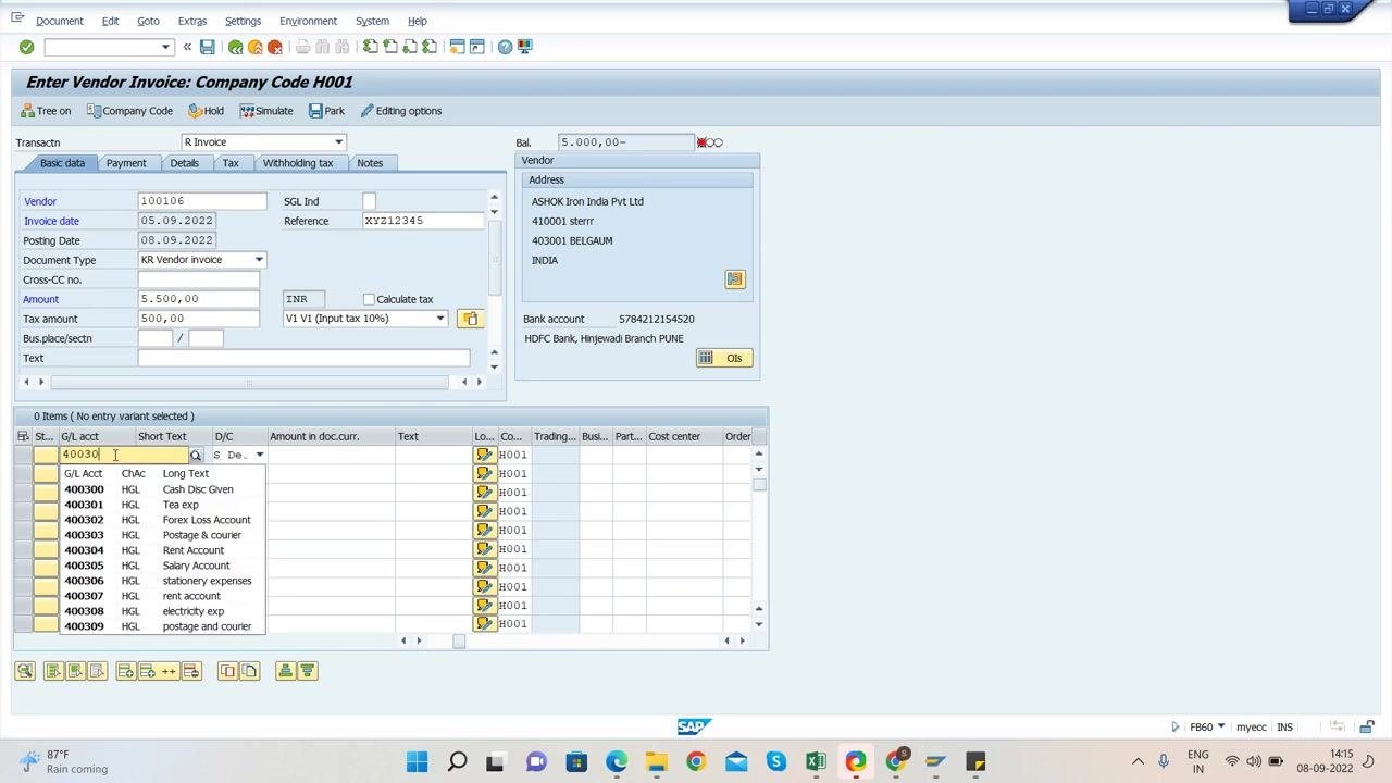 SAP FB60 screen with Amount set to 5500, Tax amount set to 500, and the Tax code dropdown showing V1 (Input tax 10%)