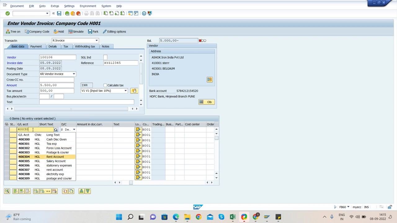 SAP FB60 screen with the G/L account dropdown showing various expense accounts and 400301 selected