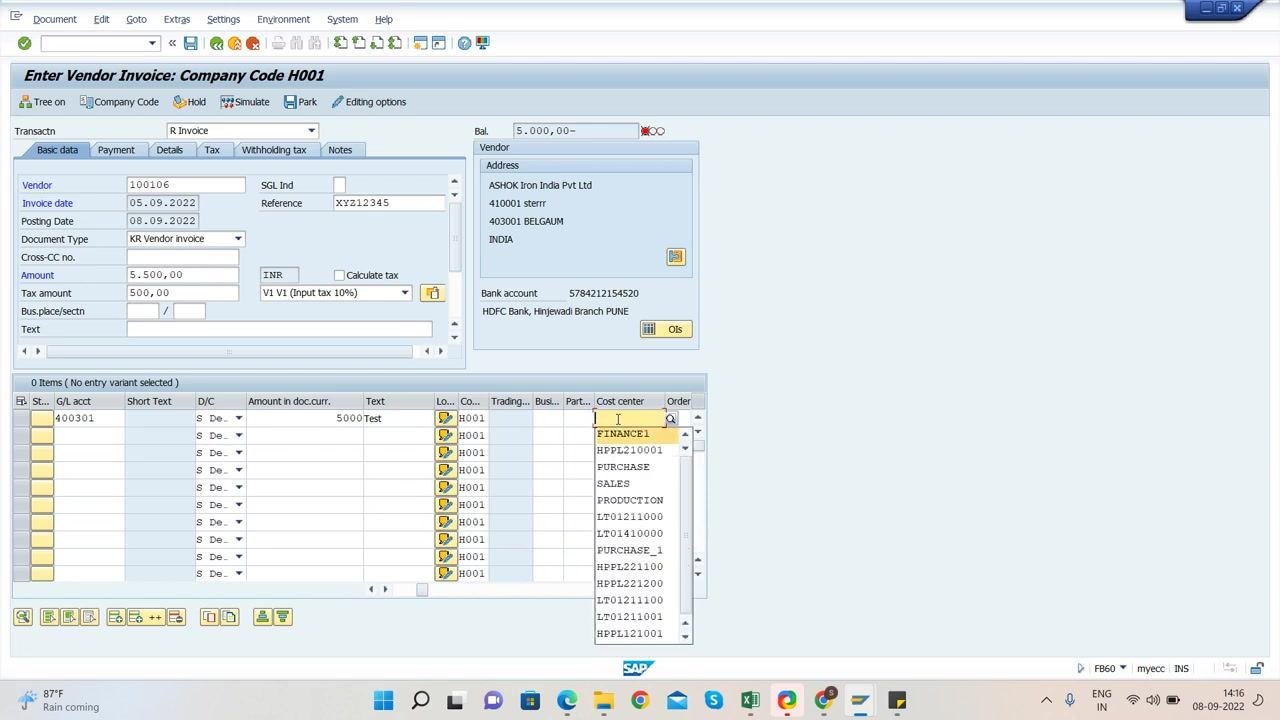 SAP FB60 screen showing the tax code removed and validation displayed in the cost center field
