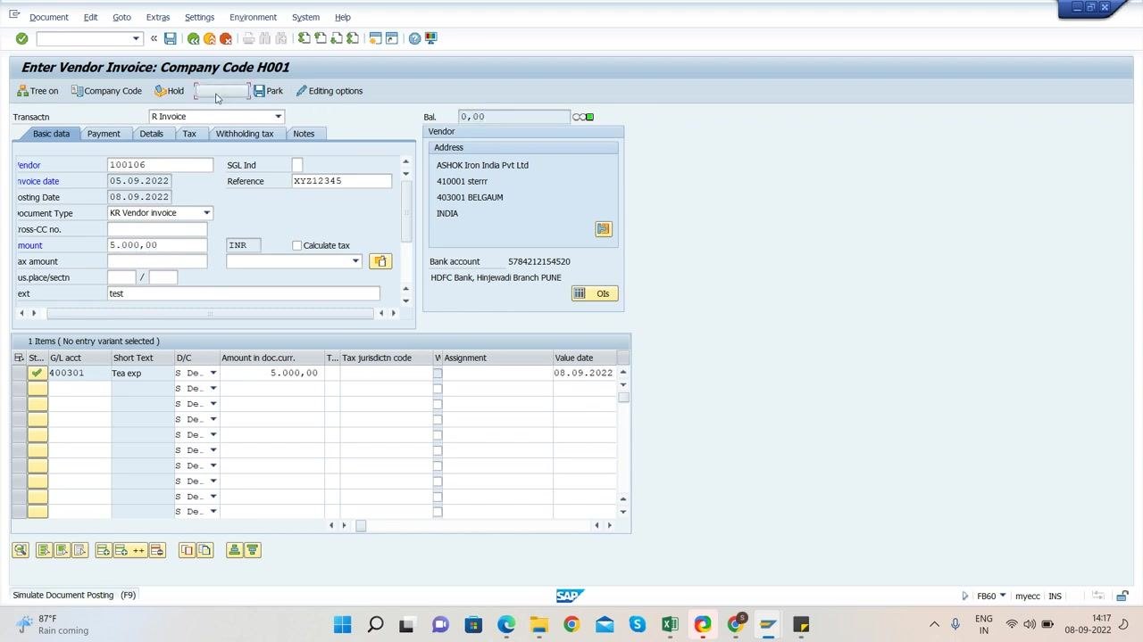 SAP FB60 screen with Amount set to 5000, Tax amount and Tax code removed, Text set to test, and the balance showing 0.00