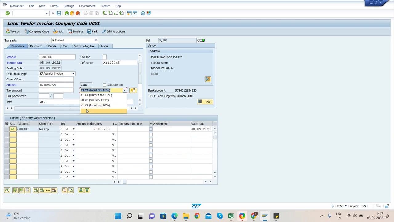 SAP FB60 screen after a successful posting, showing cleared fields and the confirmation message