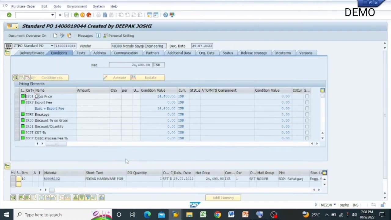 SAP Purchase Order Conditions tab showing pricing elements and net price.