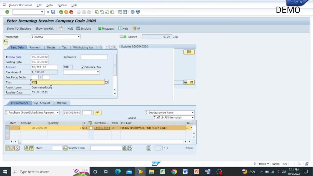 Reference and text fields filled with "432" on the SAP invoice entry screen.