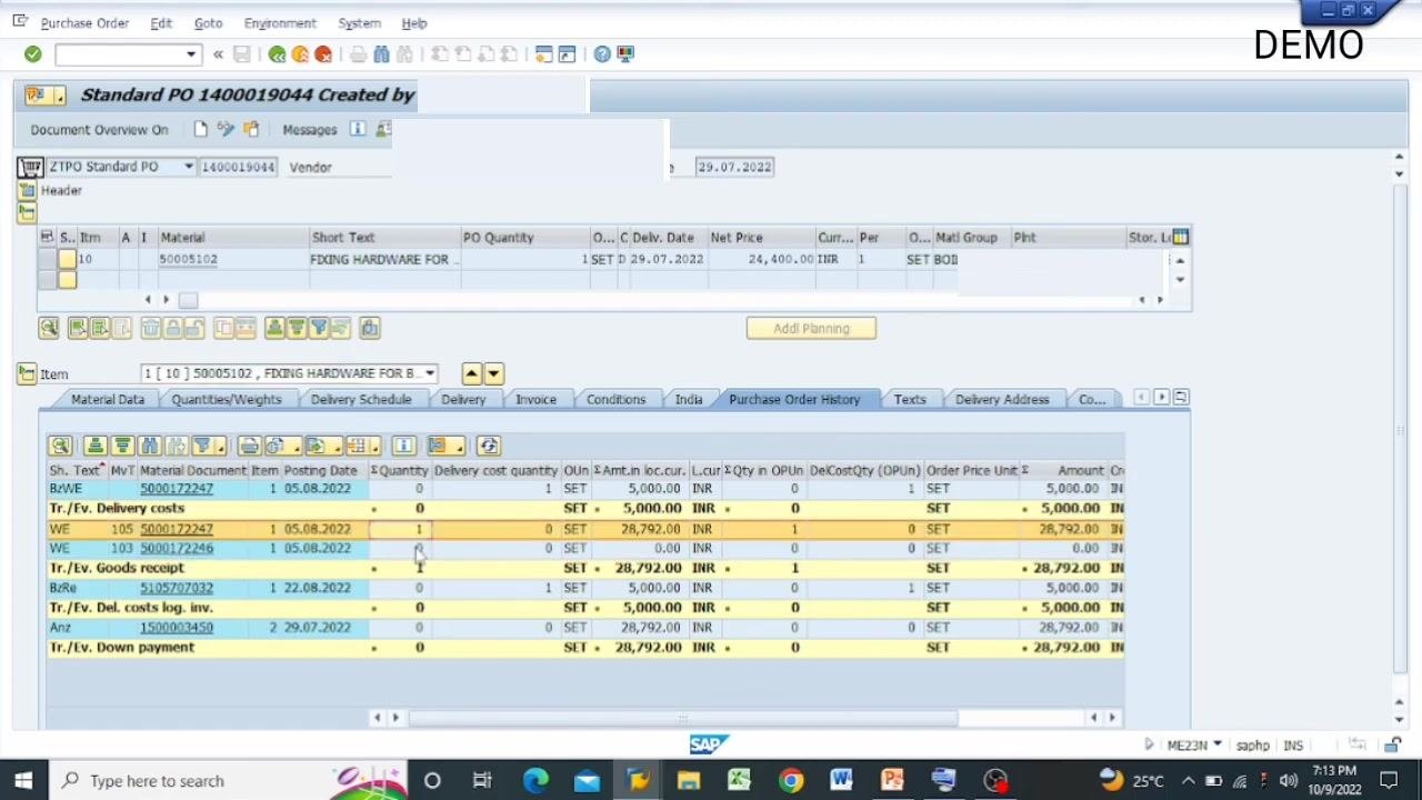 Purchase Order History with movement type 105 highlighted.