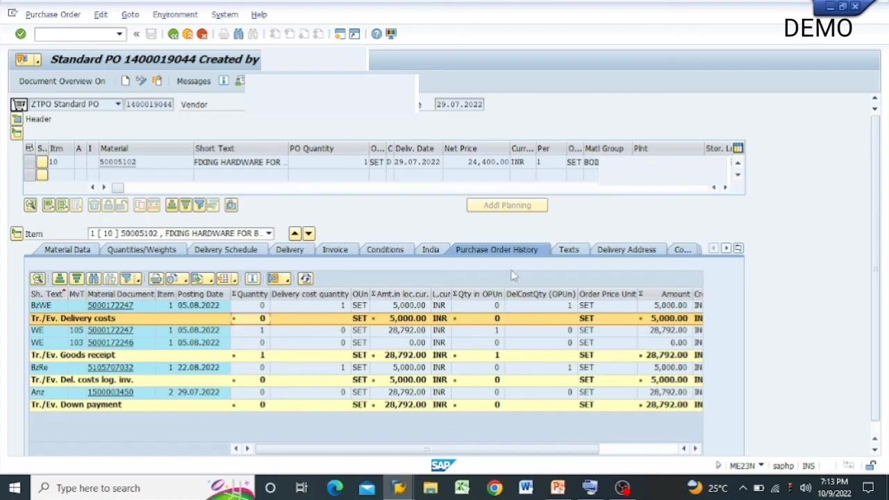 Purchase Order History tab still visible, ready to return to the invoice entry screen.