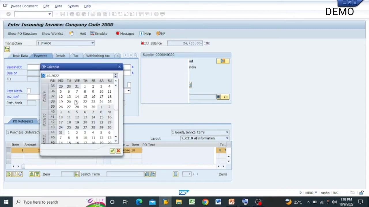 SAP MIRO screen with the calendar popup for selecting the baseline date.