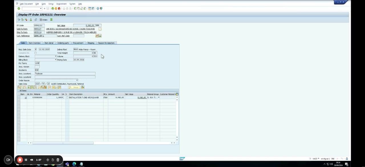 Display FP Order screen showing the finalized order details.