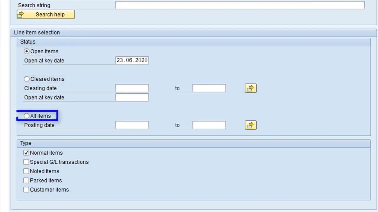 Line item selection section with the All items radio button highlighted, showing open, cleared, and all-items options alongside the type checkboxes