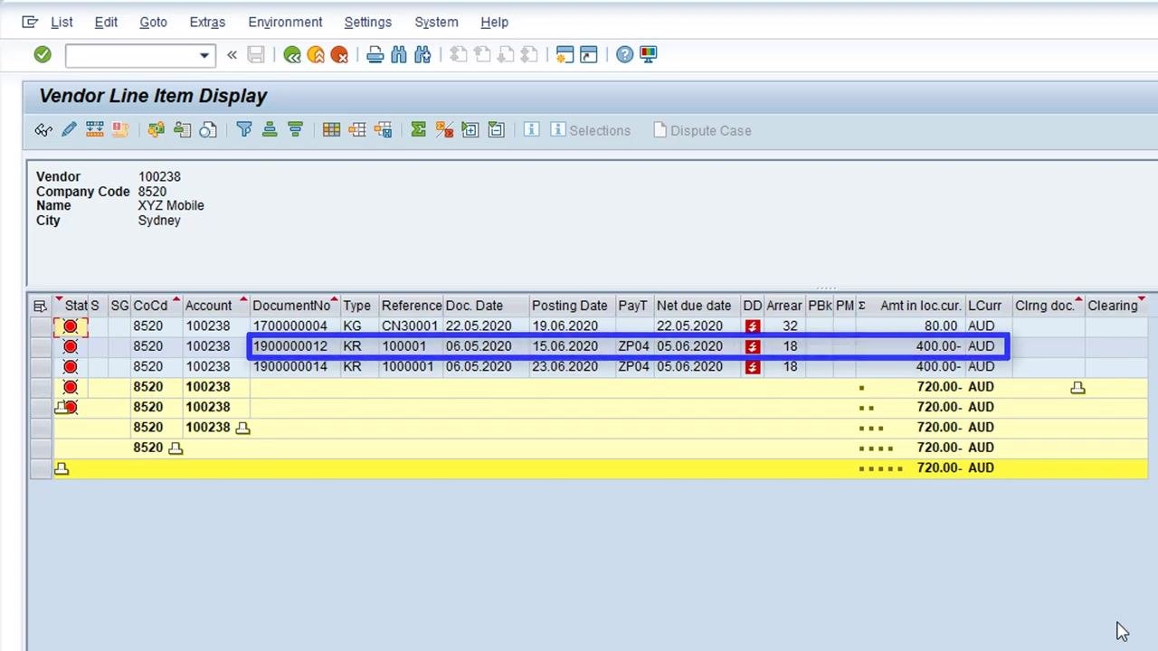 Vendor Line Item Display with the duplicate invoice highlighted