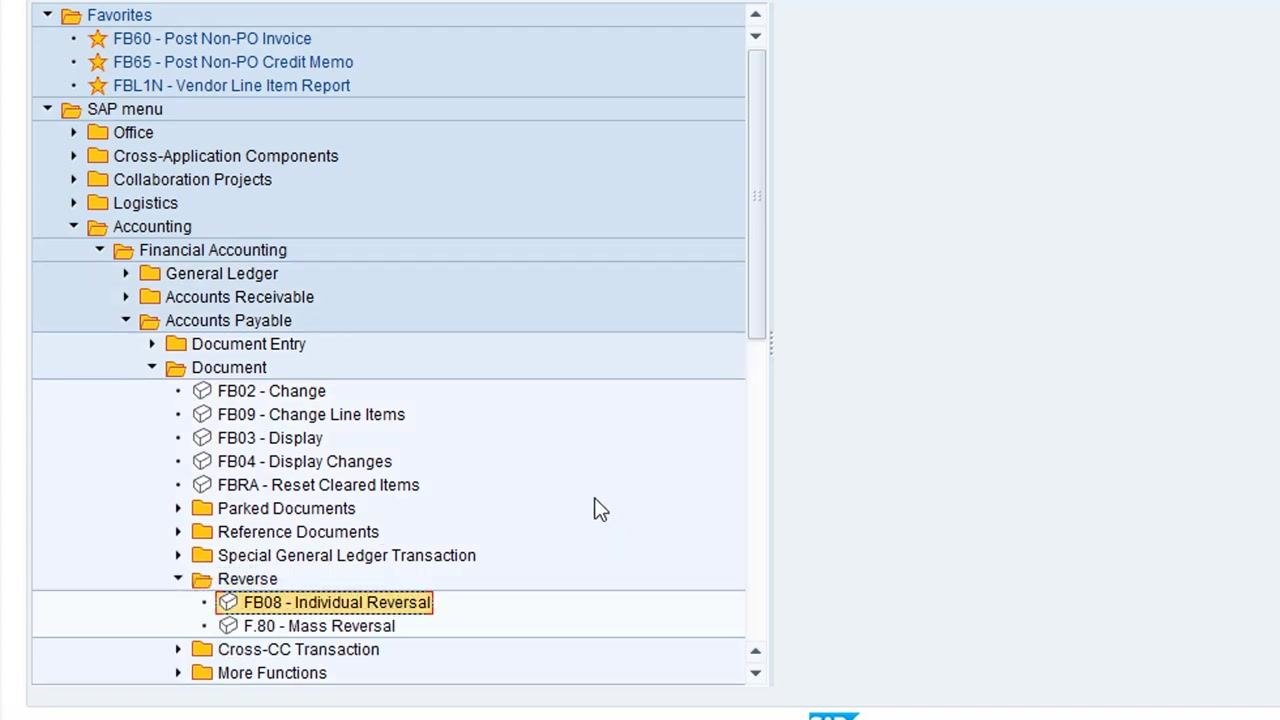 SAP Easy Access menu with FB08 - Individual Reversal highlighted under Reverse