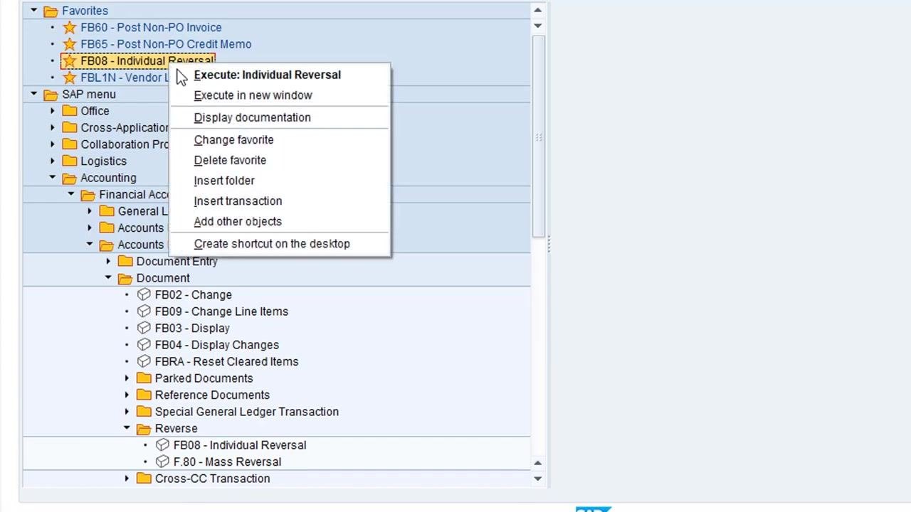 Right-click context menu on the FB08 - Individual Reversal favorite, with the Change favorite option visible