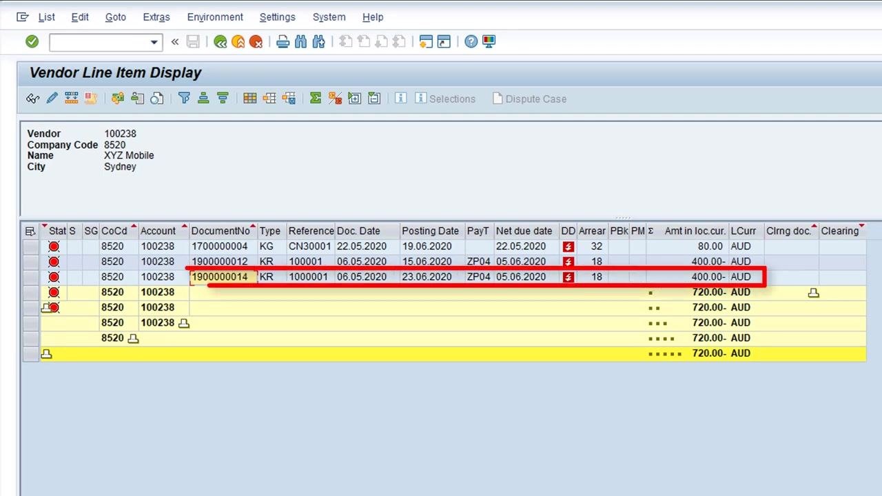 Vendor Line Item Display showing the duplicate invoice as an open item
