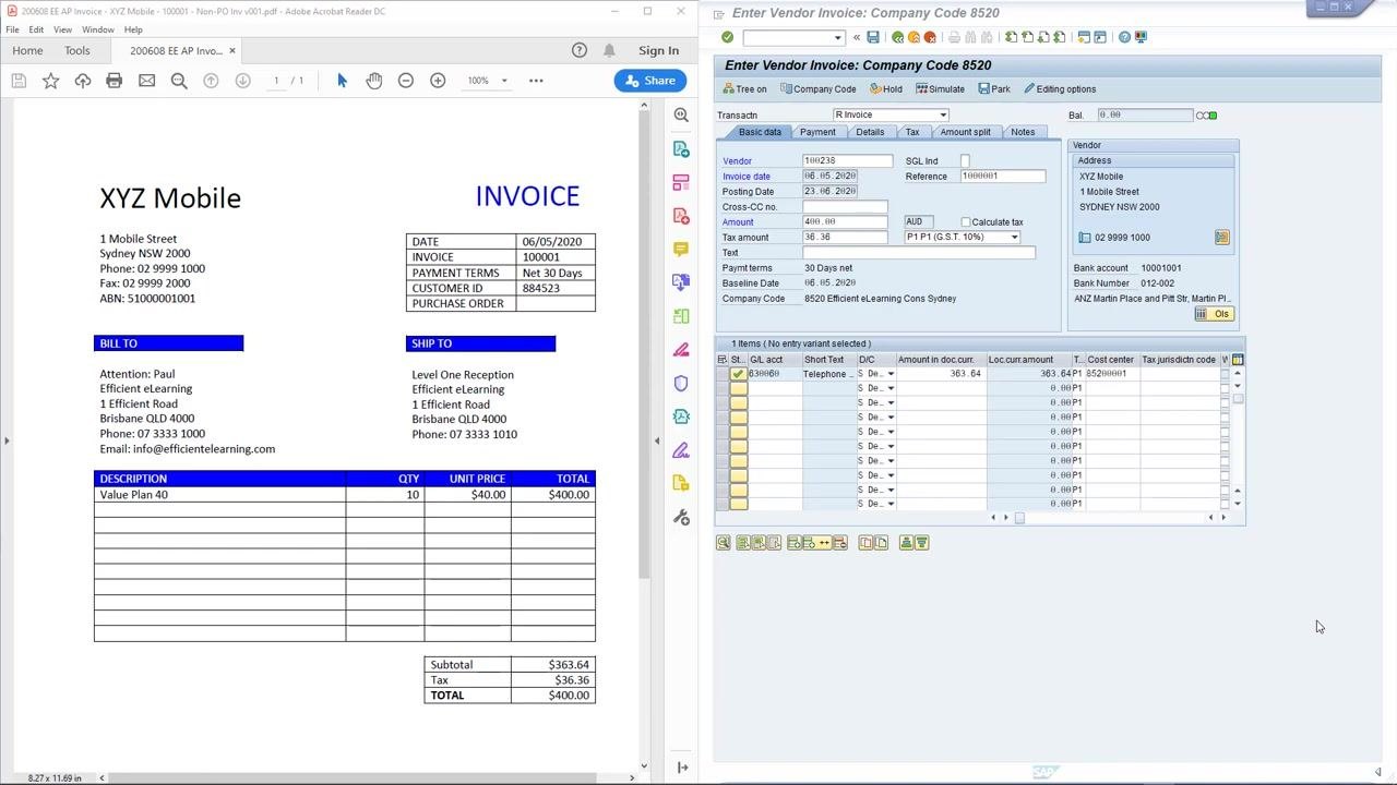 Split screen showing the original invoice PDF on the left and the SAP FB60 entry screen on the right, both displaying matching invoice details