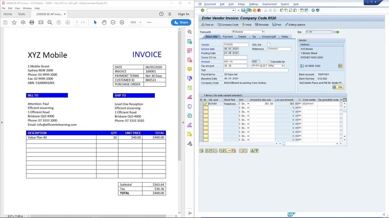 SAP FB60 screen showing the invoice ready to post, with all fields filled and the balance at zero