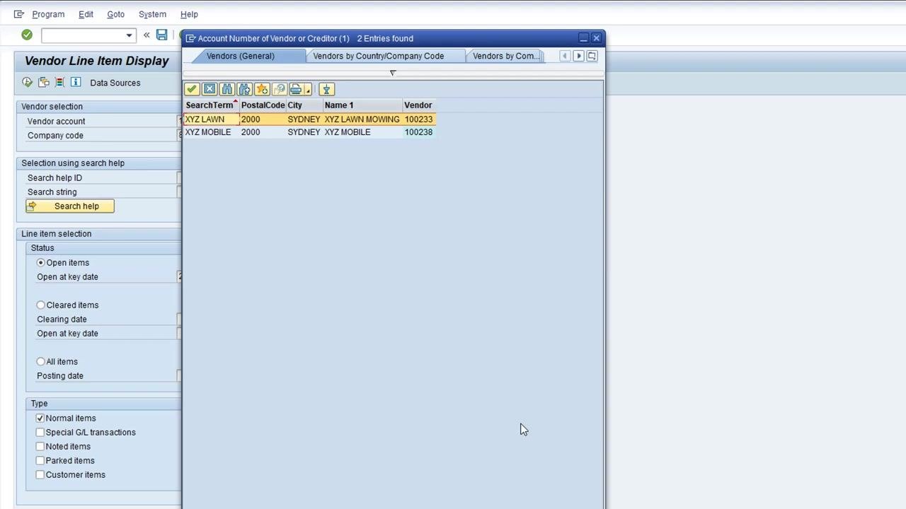 Vendor search window with "XYZ" entered in the Name field