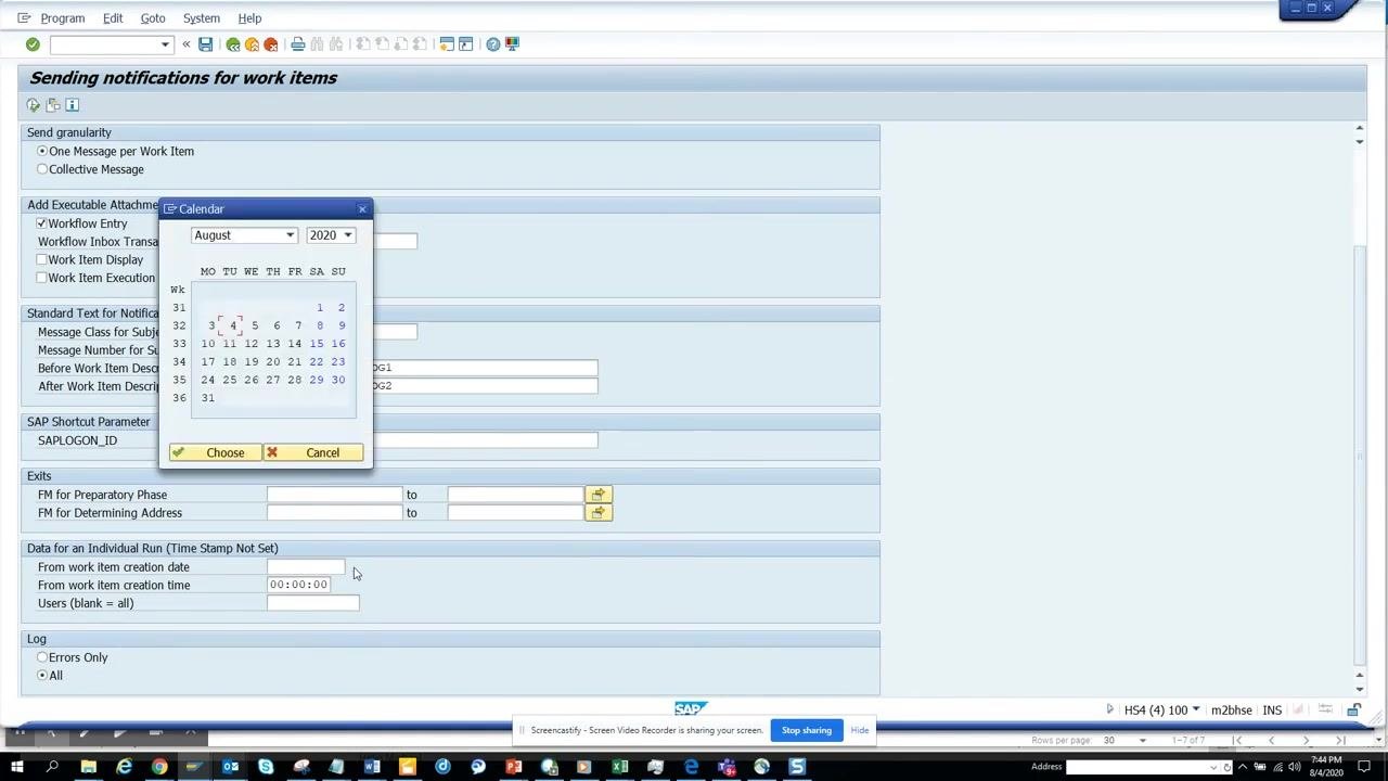 Calendar popup for selecting the work item creation date on the notification program screen