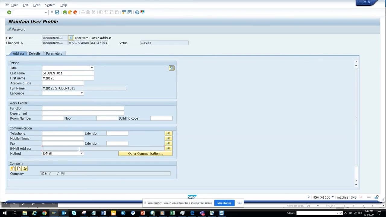 Maintain User Profile screen showing the E-Mail Address field under Communication, empty and highlighted as a prerequisite