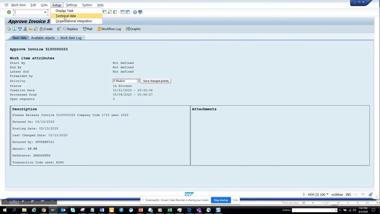 SAP workflow log screen with the Extras menu open and Technical Data highlighted