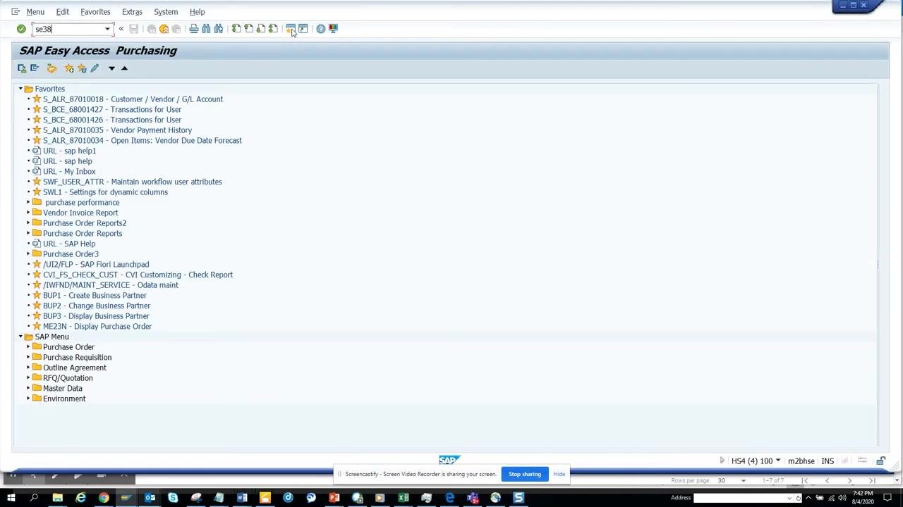 SAP Easy Access screen with se38 entered in the command field