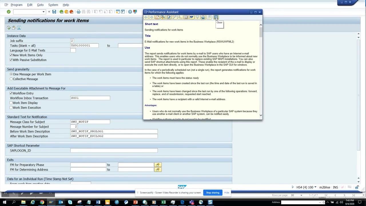 Sending notifications for work items screen after execution, with fields unchanged and ready for another run