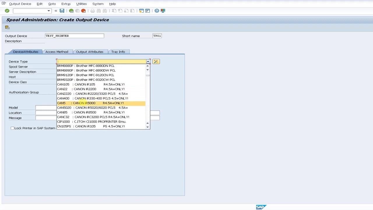 Device Type dropdown open with 'CAN85 : CANON iR5000' highlighted