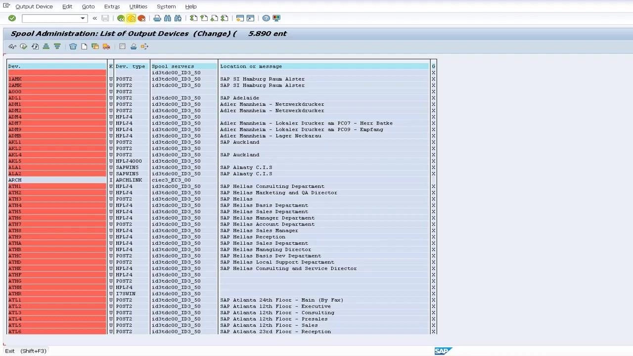 Spool Administration: Output Device (Change) screen confirming TEST_PRINTER was saved