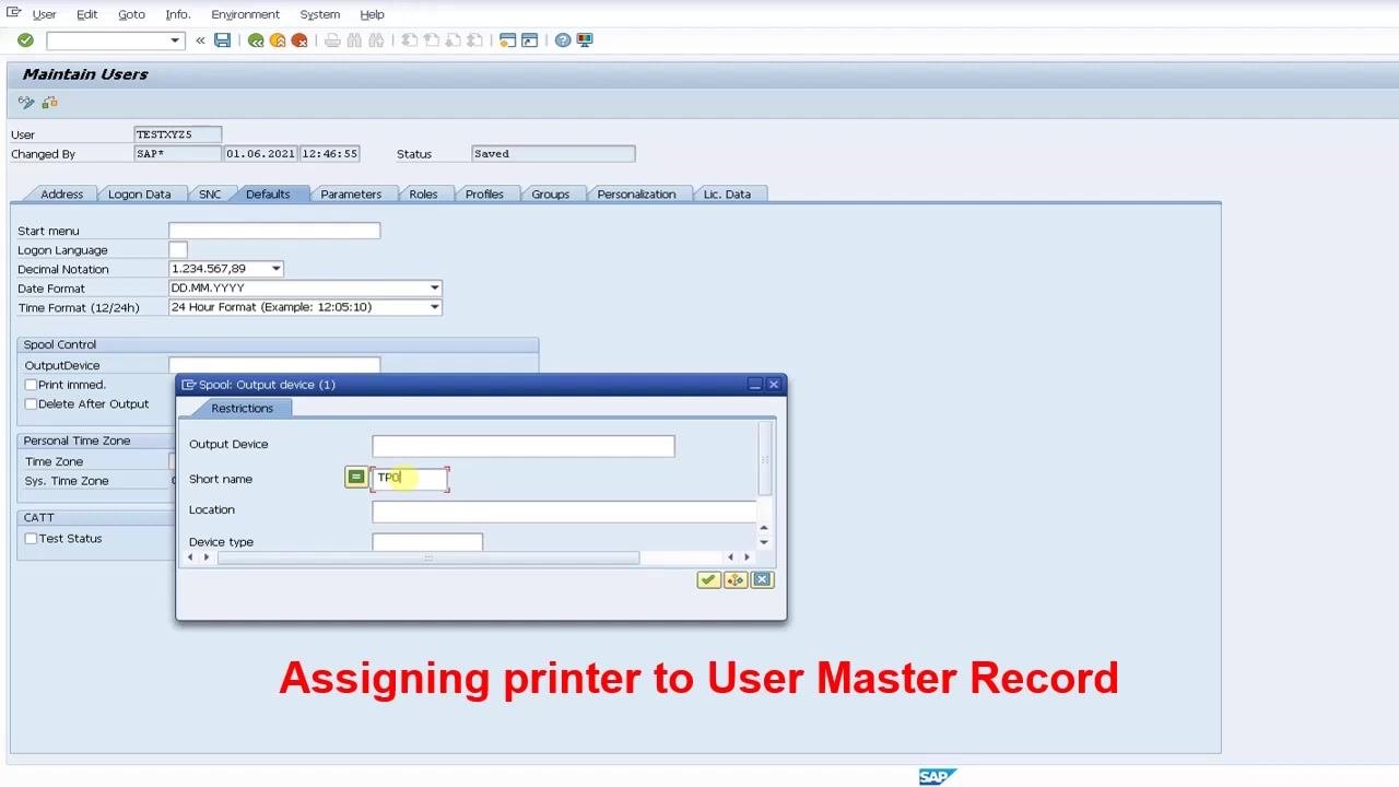Defaults tab in Maintain Users with OutputDevice popup and TP01 entered