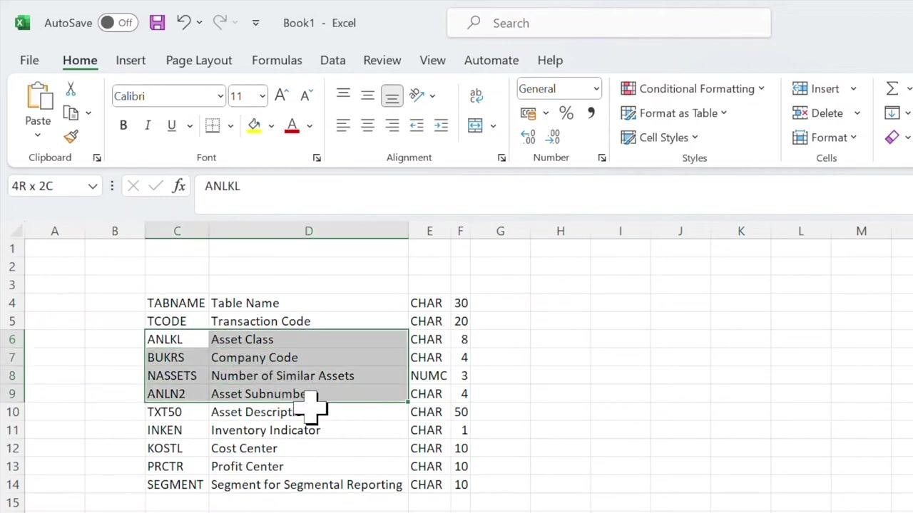 Excel workbook showing the technical fields below Transaction Code being selected for copying, including ANLKL, BUKRS, NASSETS, ANLN2, TXT50, INKEN, KOSTL, PRCTR, and SEGMENT with their labels, types, and lengths, with the cursor in selection mode