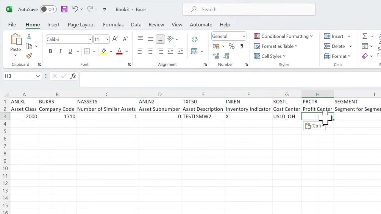 Excel sheet with asset data being filled in: Asset Class 2000, Company Code 1710, Number of Similar Assets 1, Asset Subnumber 0, Asset Description TESTLSMW2, Inventory Indicator X, Cost Center US10_OH, Profit Center US10_PC11, Segment Z_SEG