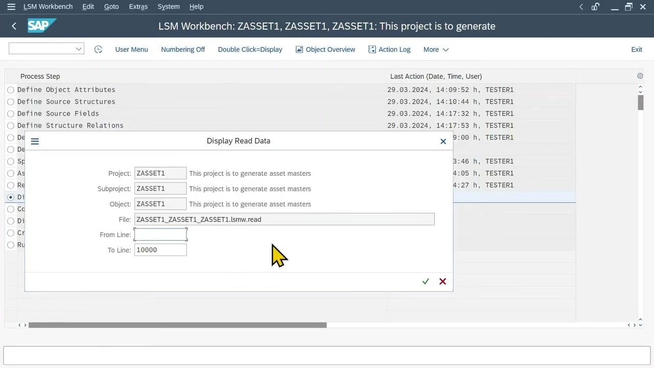 Display Read Data dialog in SAP LSM Workbench with project, subproject, object, and file fields filled in