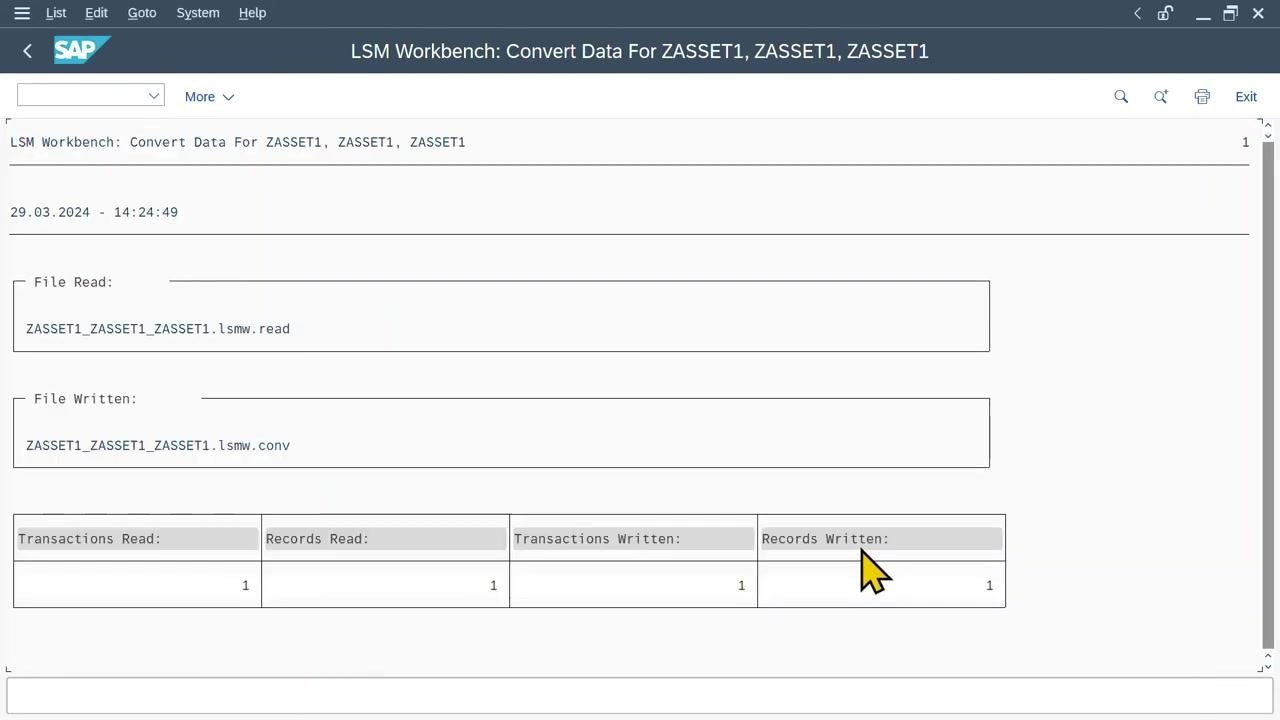 SAP LSM Workbench Convert Data summary showing the file read/written status and records processed