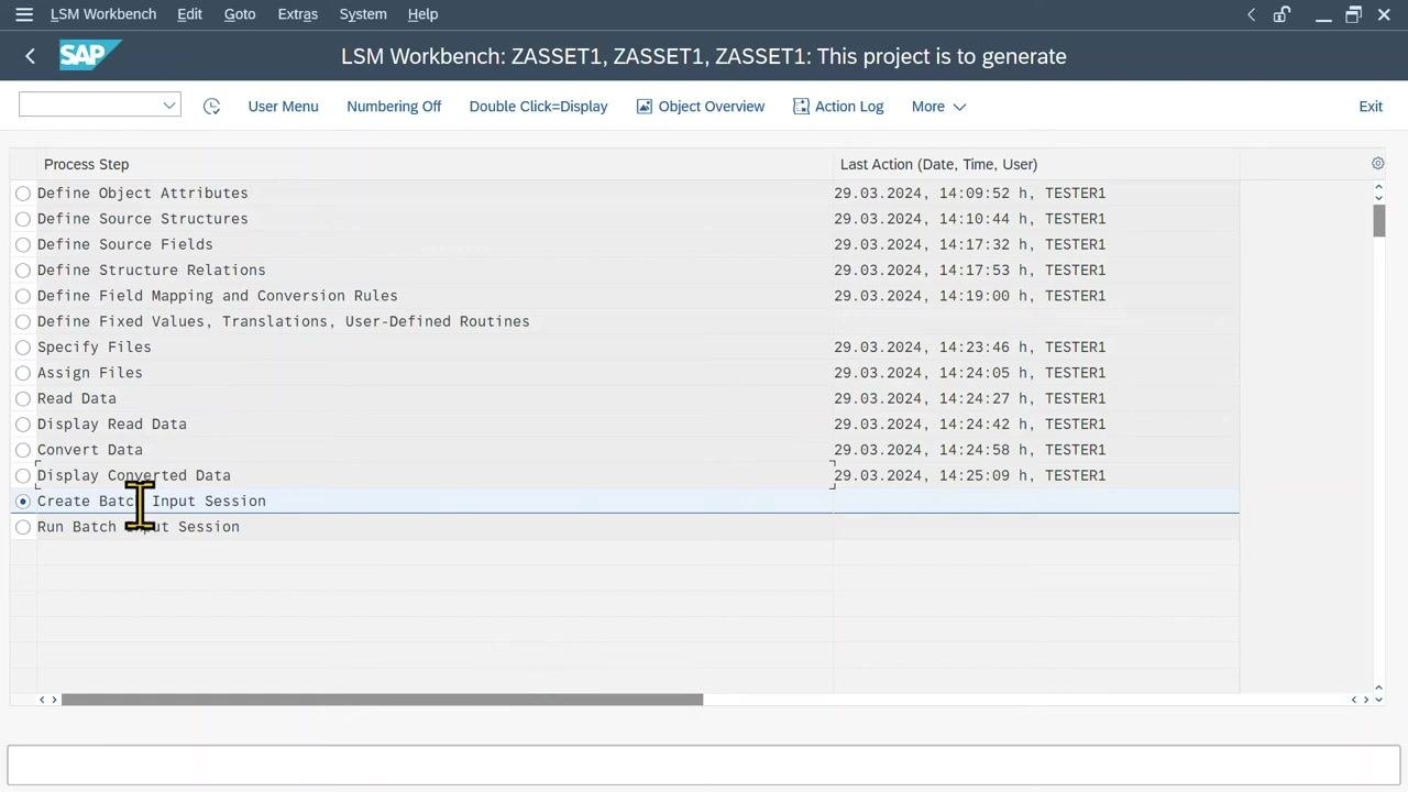 LSM Workbench process step list with Create Batch Input Session selected