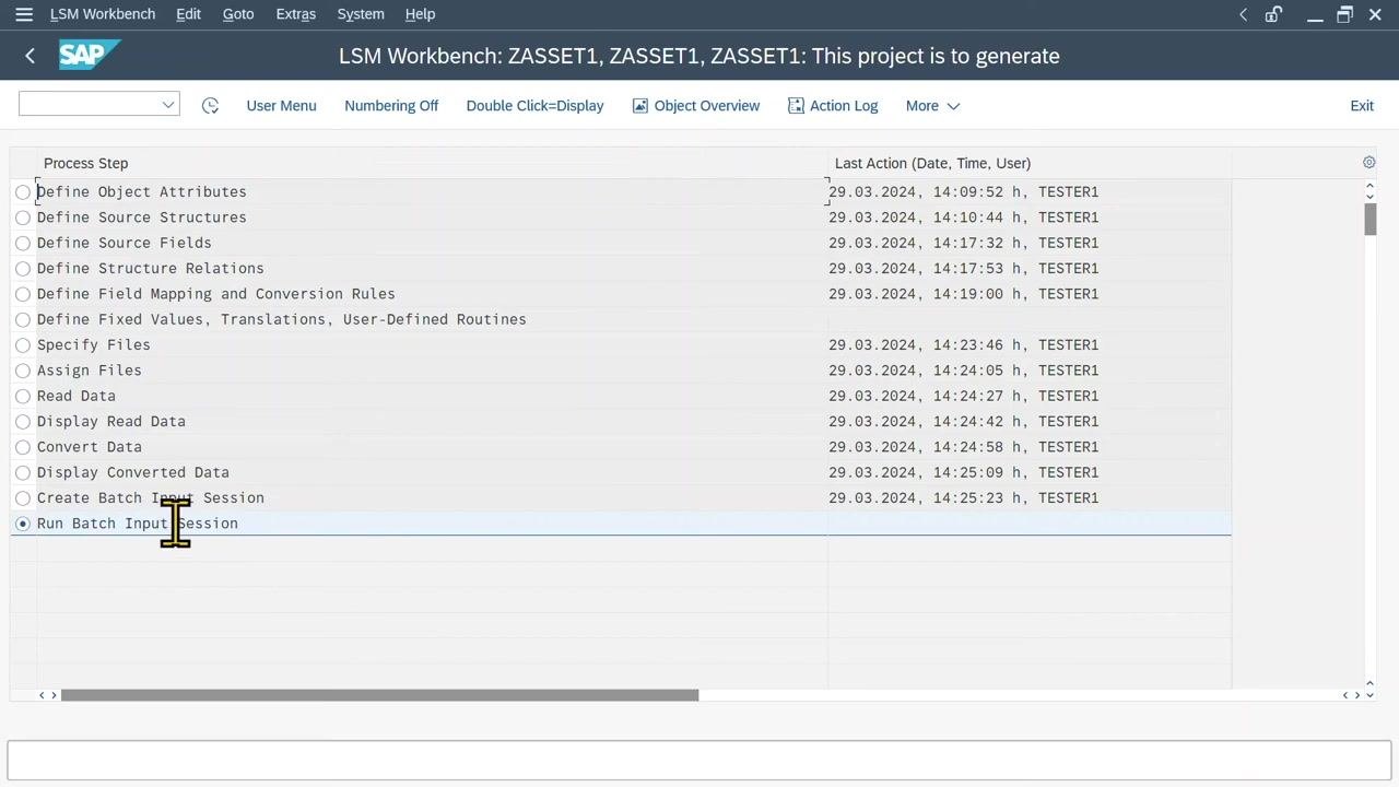 LSM Workbench process step list with Run Batch Input Session selected
