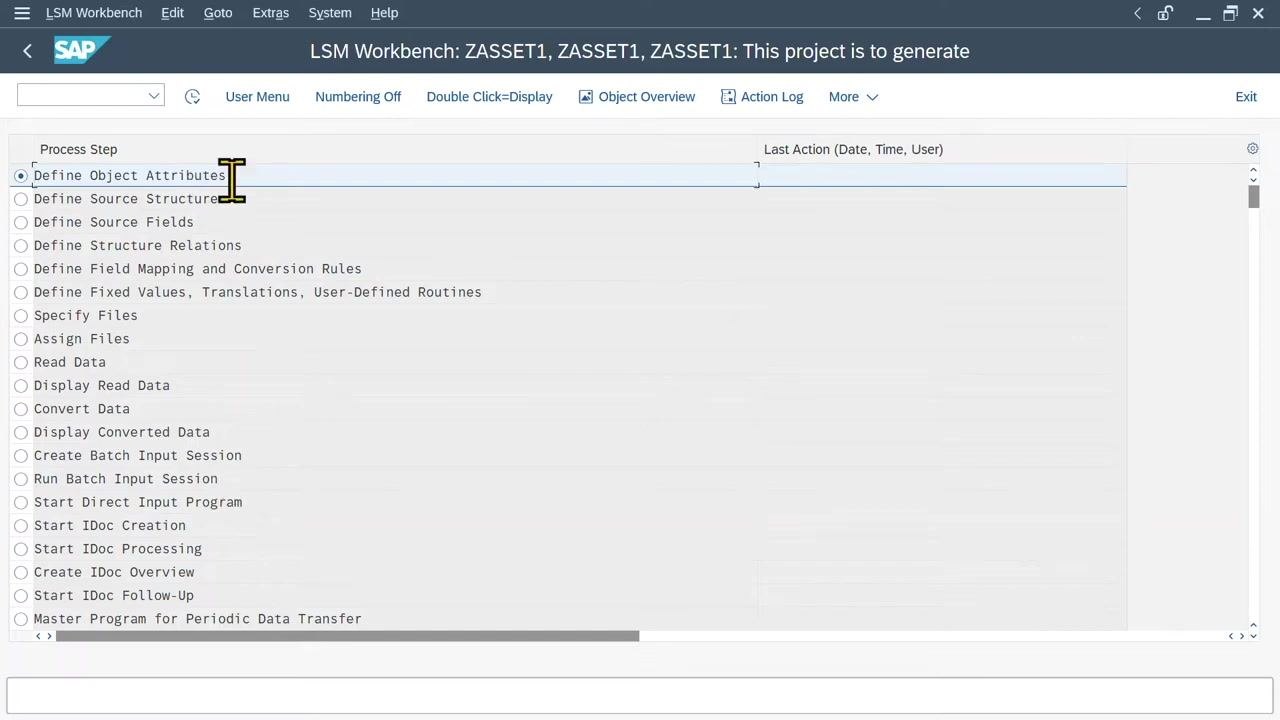 Create project dialog with Project ZASSET1 and Description "This project is to generate asset masters"