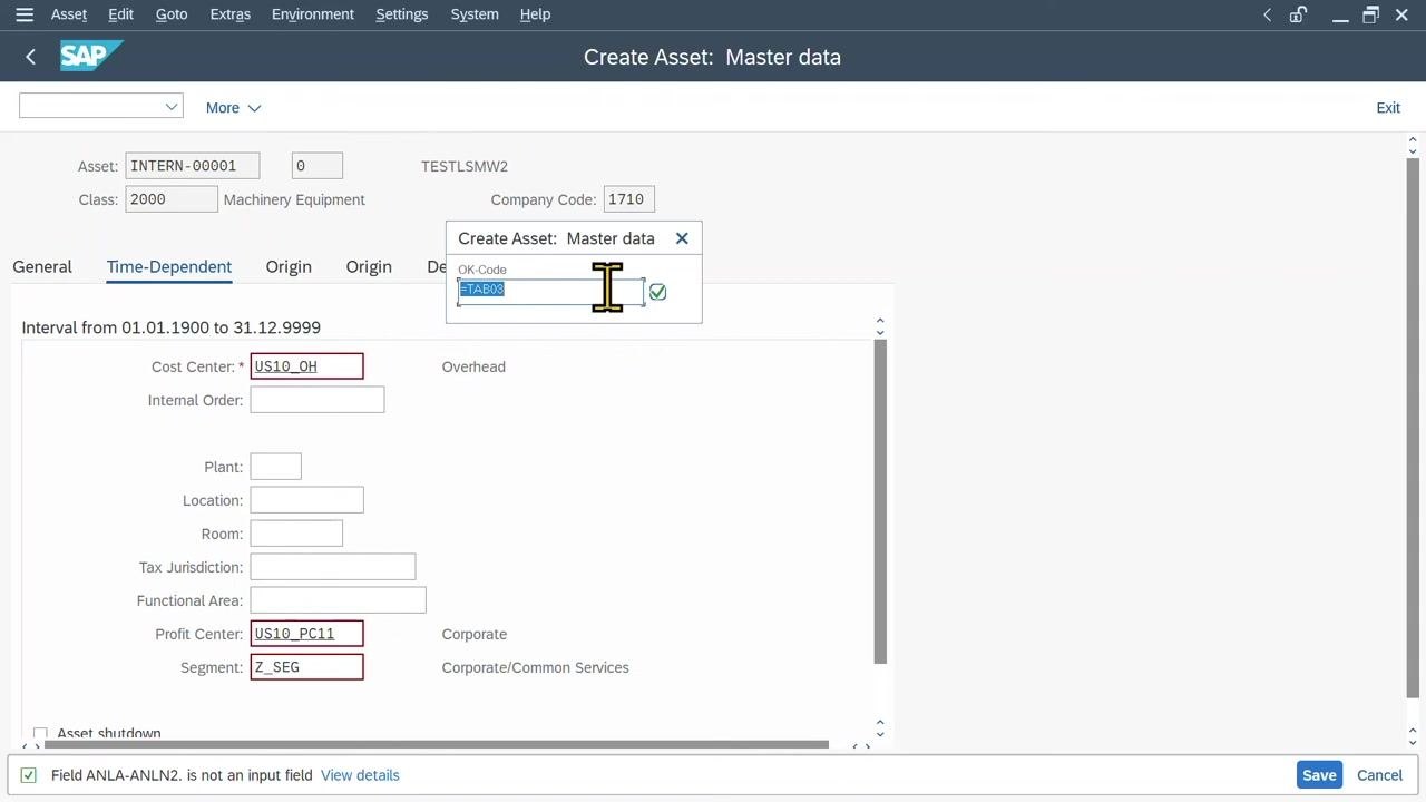 Create Asset: Master data screen, Time-Dependent tab with Cost Center US10_OH, Profit Center US10_PC11, Segment Z_SEG
