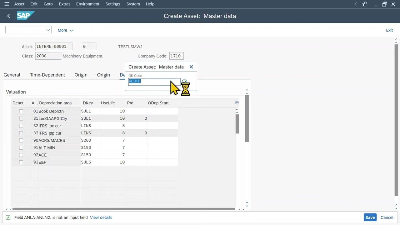 Create Asset: Master data screen, Depreciation tab with various depreciation areas and keys