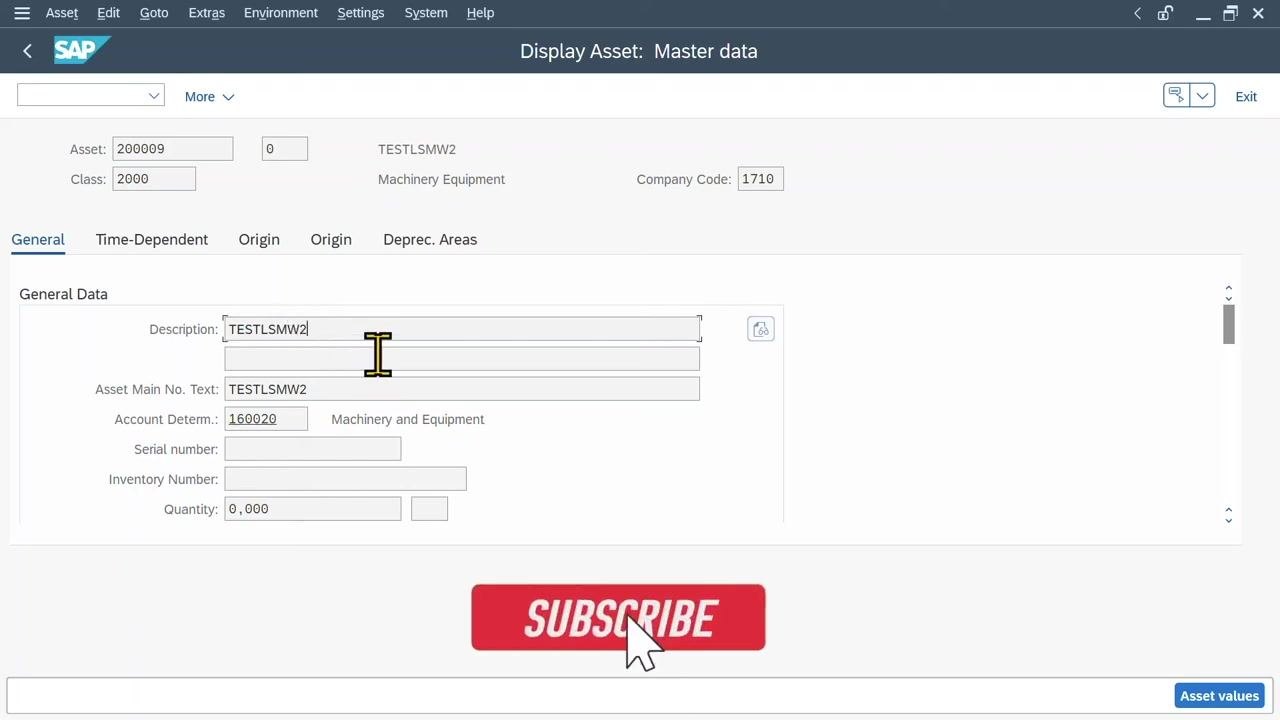 Display Asset: Master data screen showing asset 200009, TESTLSMW2, class 2000, company code 1710, and account determination 160020