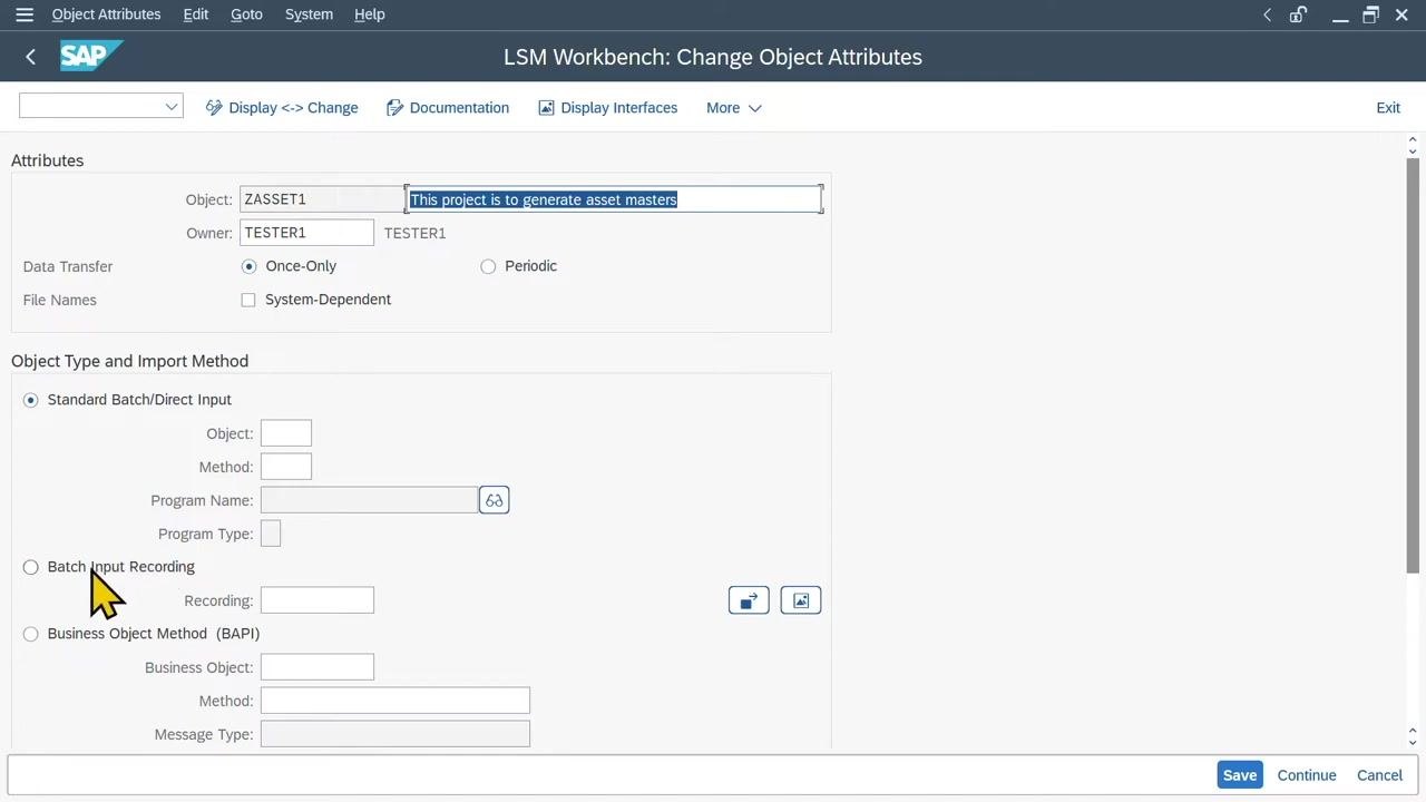 Create Recording dialog with Recording ZASSET, Description "Create Asset Master", and Owner TESTER1