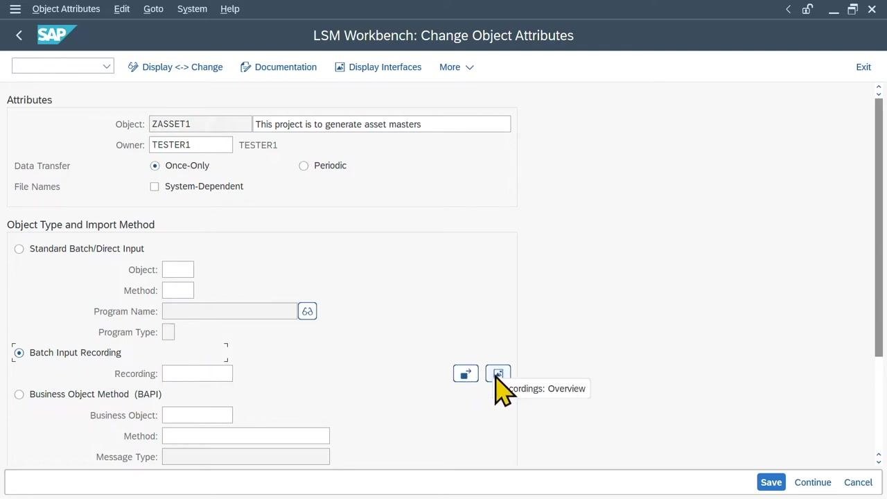 Transaction Code dialog with Transaction Code AS01