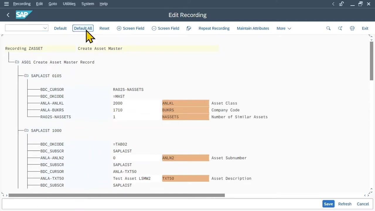 Create Asset: Master data screen with Description "Test Asset LSMW2" and the other fields set as described