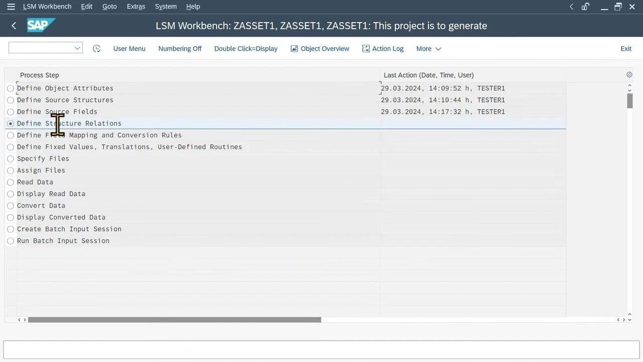 Source Fields for Source Structure ZTESTASSET screen with fields, types, and lengths being edited